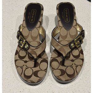 Coach Gracy Women’s Signature Logo Wedge Sandals Platform Thong Brown Size 7.5M